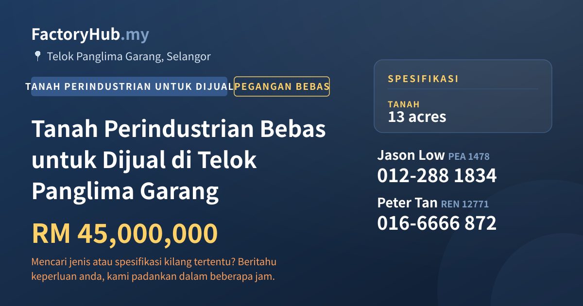 Tanah Untuk Dijual - Tanah Perindustrian Bebas untuk Dijual di Telok Panglima Garang - Telok Panglima Garang, Selangor