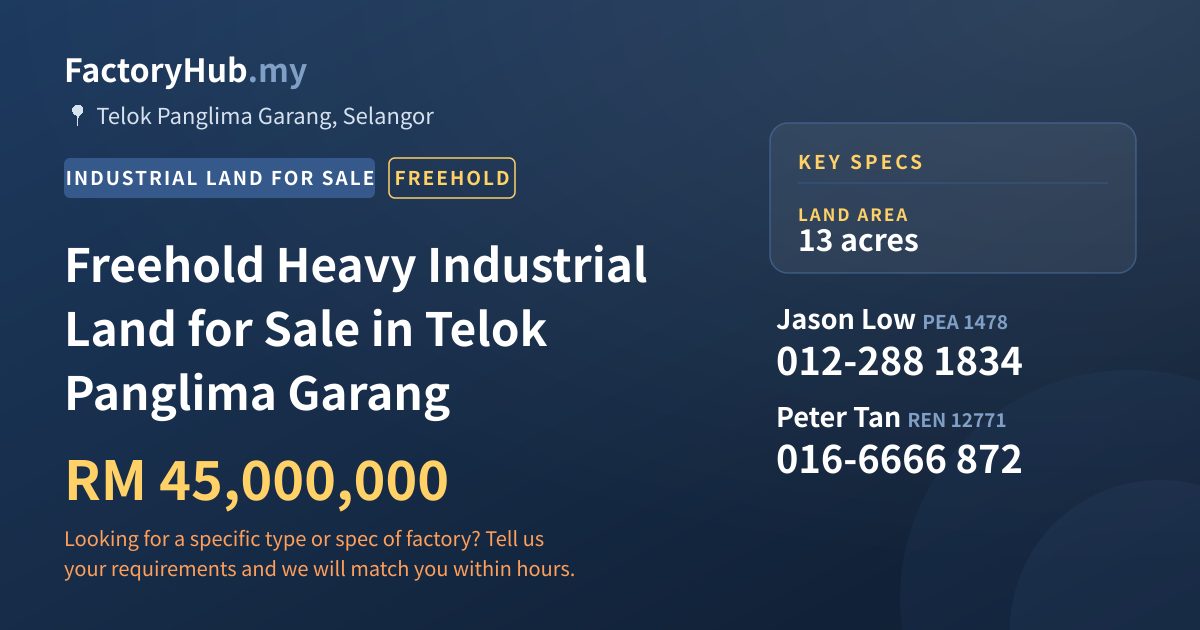 Land For Sale - Freehold Heavy Industrial Land for Sale in Telok Panglima Garang - Telok Panglima Garang, Selangor