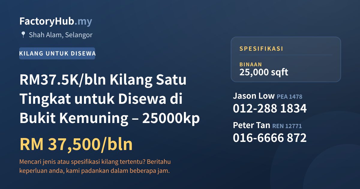 Kilang Untuk Disewa - RM37.5K/bln Kilang Satu Tingkat untuk Disewa di Bukit Kemuning – 25000kp - Shah Alam, Selangor