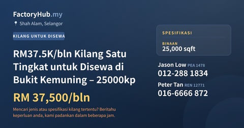 Kilang Untuk Disewa - RM37.5K/bln Kilang Satu Tingkat untuk Disewa di Bukit Kemuning – 25000kp - Shah Alam, Selangor
