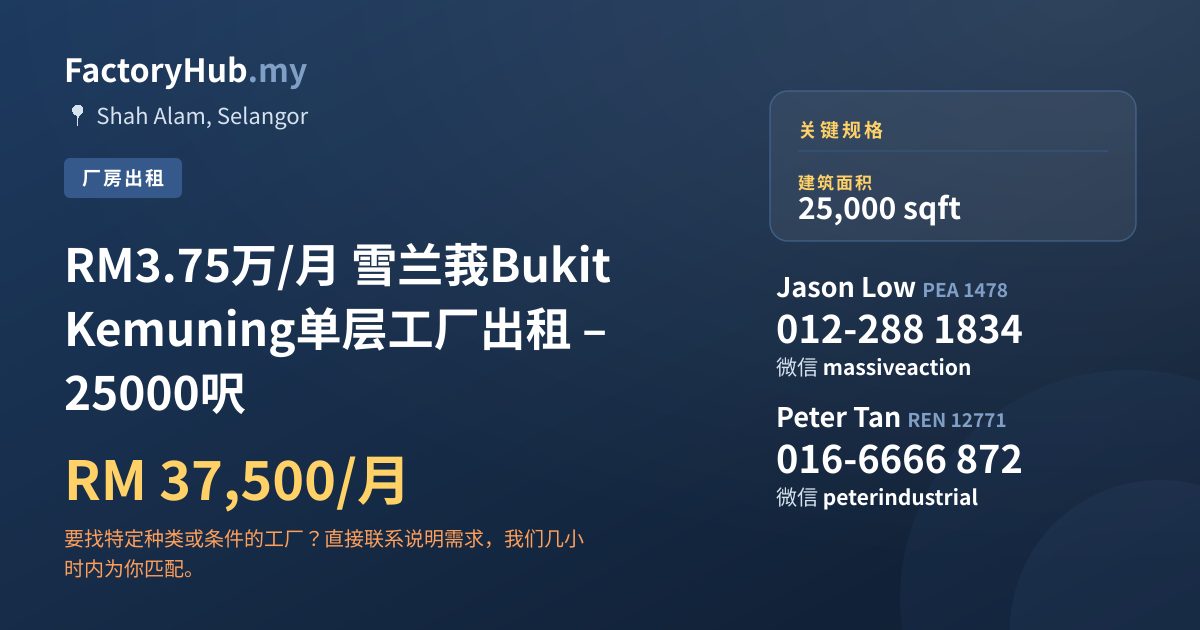 工厂 出租 - RM3.75万/月 雪兰莪Bukit Kemuning单层工厂出租 – 25000呎 - Shah Alam, Selangor