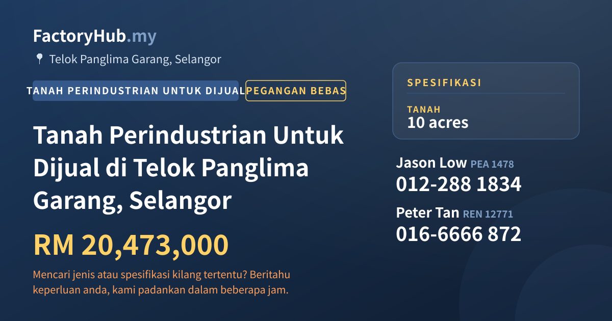 Tanah Untuk Dijual - Tanah Perindustrian Untuk Dijual di Telok Panglima Garang, Selangor - Telok Panglima Garang, Selangor