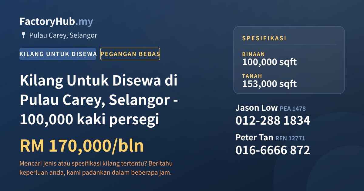 Kilang Untuk Disewa - Kilang Untuk Disewa di Pulau Carey, Selangor - 100,000 kaki persegi - Pulau Carey, Selangor