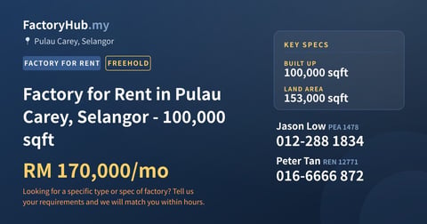 Factory For Rent - Factory for Rent in Pulau Carey, Selangor - 100,000 sqft - Pulau Carey, Selangor