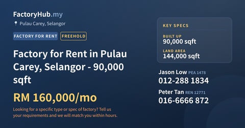 Factory For Rent - Factory for Rent in Pulau Carey, Selangor - 90,000 sqft - Pulau Carey, Selangor