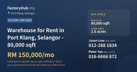 Factory For Rent - Warehouse for Rent in Port Klang, Selangor - 80,000 sqft - Port Klang, Selangor