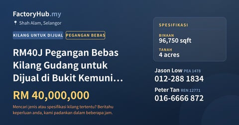 Kilang Untuk Dijual - RM40J Pegangan Bebas Kilang Gudang untuk Dijual di Bukit Kemuning – 96750kp - Shah Alam, Selangor