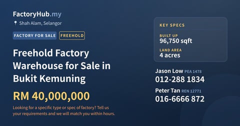 Factory For Sale - Freehold Factory Warehouse for Sale in Bukit Kemuning - Shah Alam, Selangor