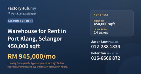 Factory For Rent - Warehouse for Rent in Port Klang, Selangor - 450,000 sqft - Port Klang, Selangor