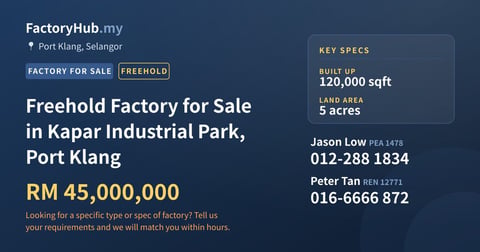 Factory For Sale - Freehold Factory for Sale in Kapar Industrial Park, Port Klang - Port Klang, Selangor