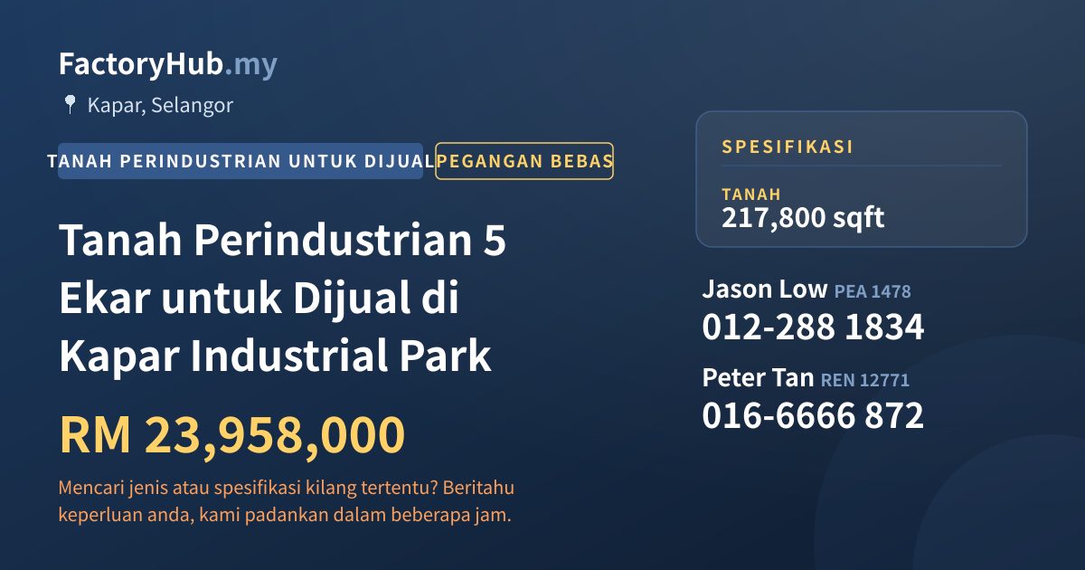 Tanah Untuk Dijual - Tanah Perindustrian 5 Ekar untuk Dijual di Kapar Industrial Park - Kapar, Selangor
