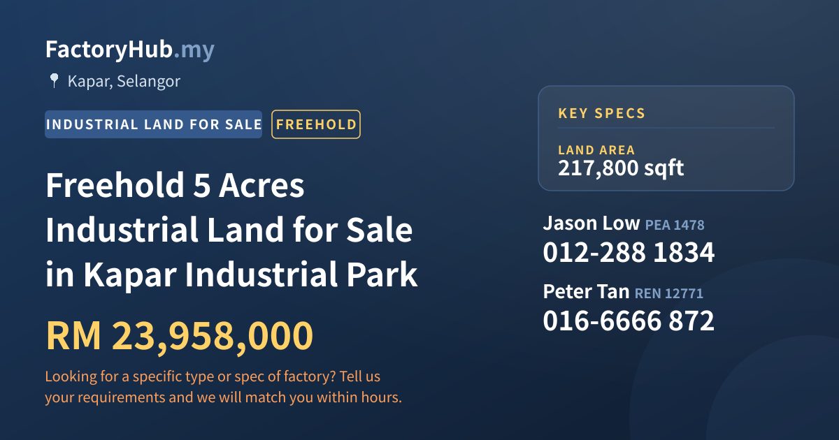 Land For Sale - Freehold 5 Acres Industrial Land for Sale in Kapar Industrial Park - Kapar, Selangor