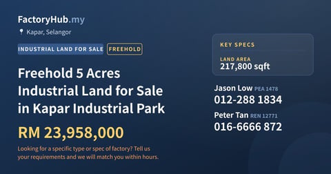 Land For Sale - Freehold 5 Acres Industrial Land for Sale in Kapar Industrial Park - Kapar, Selangor