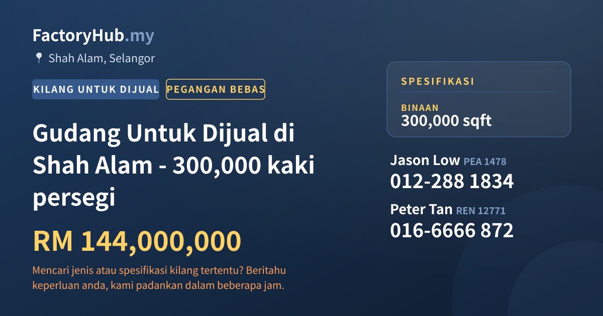 Kilang Untuk Dijual - Gudang Untuk Dijual di Shah Alam - 300,000 kaki persegi - Shah Alam, Selangor