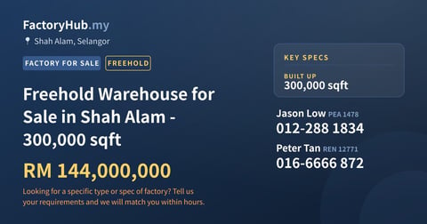 Factory For Sale - Freehold Warehouse for Sale in Shah Alam - 300,000 sqft - Shah Alam, Selangor