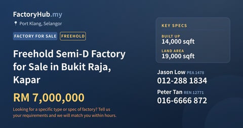 Factory For Sale - Freehold Semi-D Factory for Sale in Bukit Raja, Kapar - Port Klang, Selangor