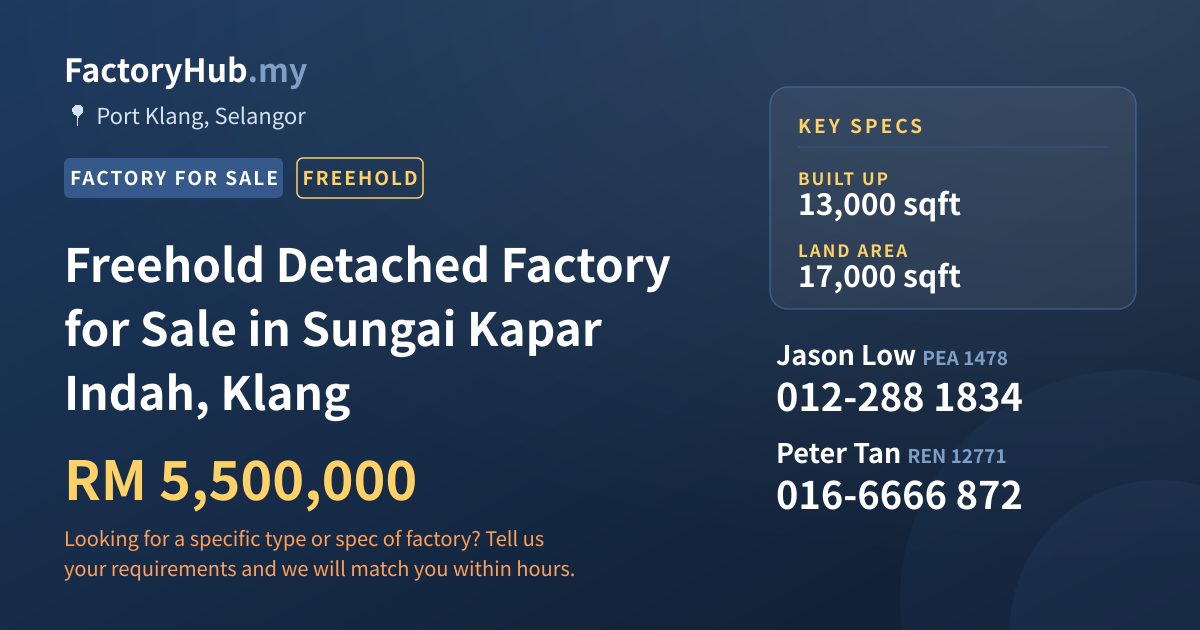 Factory For Sale - Freehold Detached Factory for Sale in Sungai Kapar Indah, Klang - Port Klang, Selangor