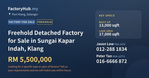 Factory For Sale - Freehold Detached Factory for Sale in Sungai Kapar Indah, Klang - Port Klang, Selangor