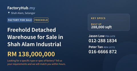 Factory For Sale - Freehold Detached Warehouse for Sale in Shah Alam Industrial - Shah Alam, Selangor