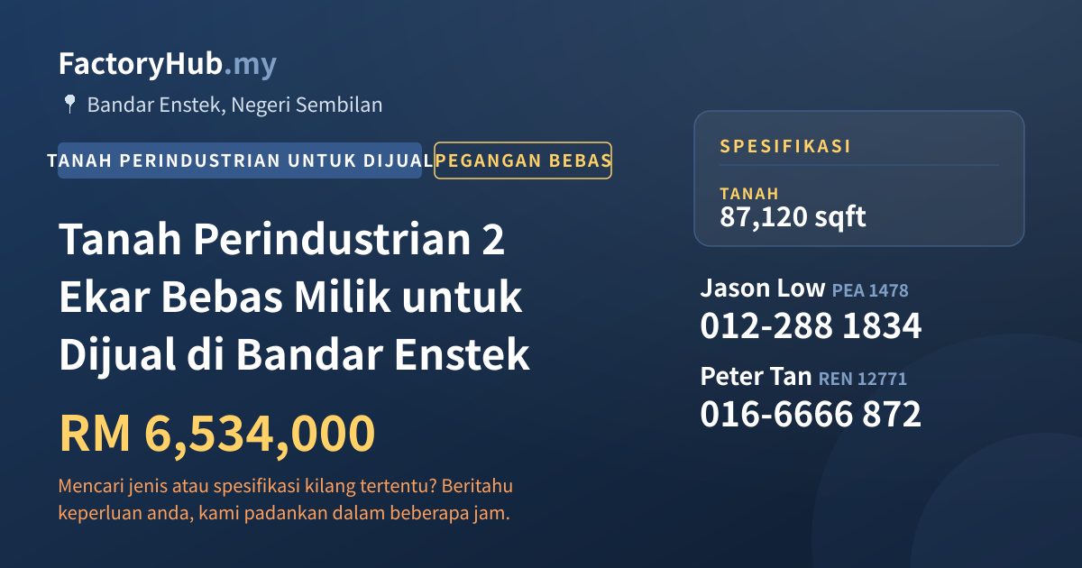 Tanah Untuk Dijual - Tanah Perindustrian 2 Ekar Bebas Milik untuk Dijual di Bandar Enstek - Bandar Enstek, Negeri Sembilan