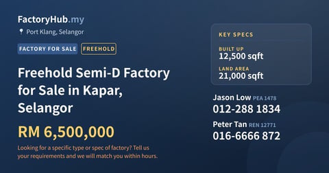Factory For Sale - Freehold Semi-D Factory for Sale in Kapar, Selangor - Port Klang, Selangor