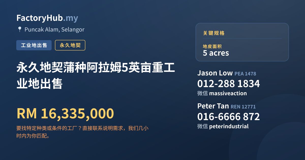 土地 出售 - 永久地契蒲种阿拉姆5英亩重工业地出售 - Puncak Alam, Selangor