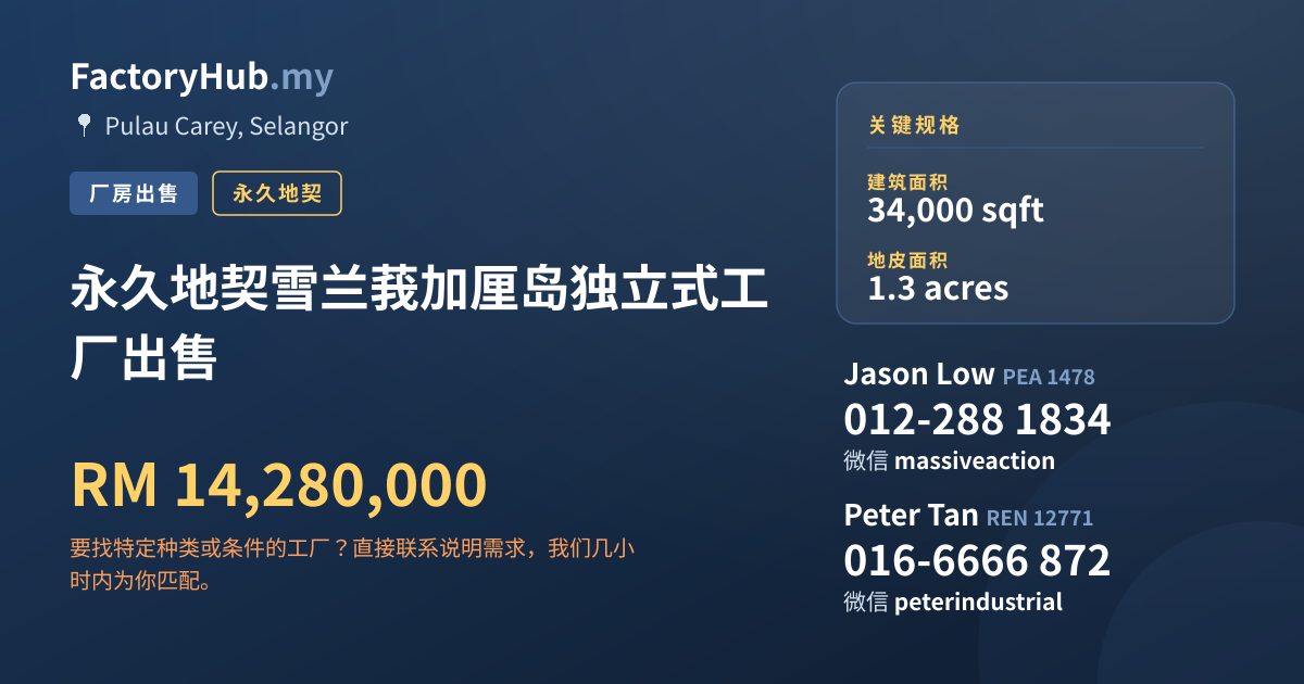 工厂 出售 - 永久地契雪兰莪加厘岛独立式工厂出售 - Pulau Carey, Selangor