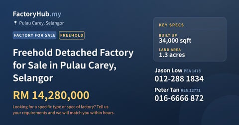 Factory For Sale - Freehold Detached Factory for Sale in Pulau Carey, Selangor - Pulau Carey, Selangor