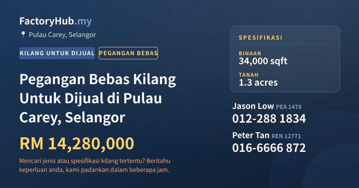 Kilang Untuk Dijual - Pegangan Bebas Kilang Untuk Dijual di Pulau Carey, Selangor - Pulau Carey, Selangor