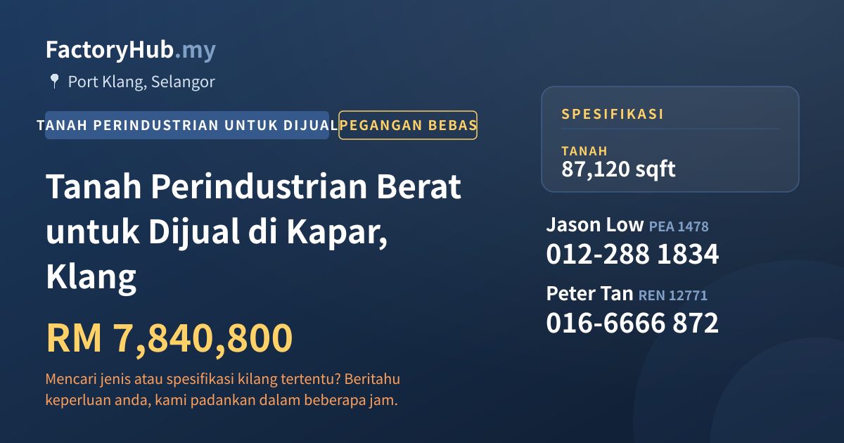 Tanah Untuk Dijual - Tanah Perindustrian Berat untuk Dijual di Kapar, Klang - Port Klang, Selangor