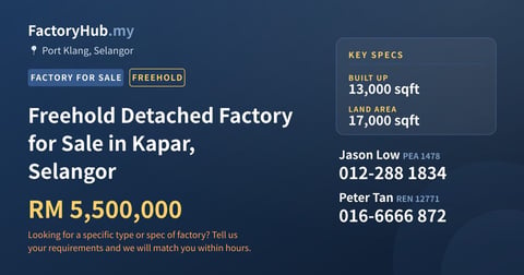 Factory For Sale - Freehold Detached Factory for Sale in Kapar, Selangor - Port Klang, Selangor