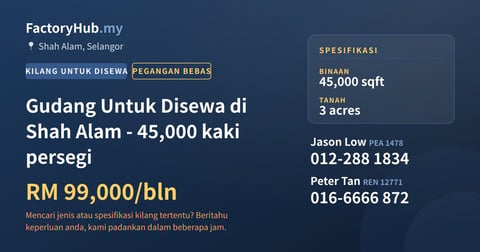 Kilang Untuk Disewa - Gudang Untuk Disewa di Shah Alam - 45,000 kaki persegi - Shah Alam, Selangor