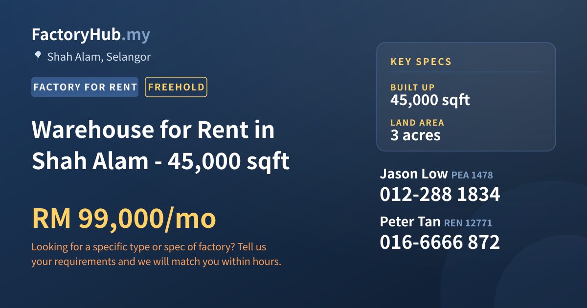 Factory For Rent - Warehouse for Rent in Shah Alam - 45,000 sqft - Shah Alam, Selangor