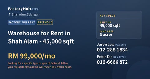 Factory For Rent - Warehouse for Rent in Shah Alam - 45,000 sqft - Shah Alam, Selangor