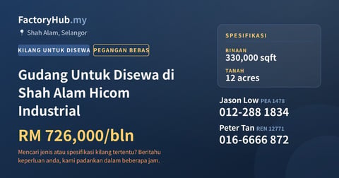 Kilang Untuk Disewa - Gudang Untuk Disewa di Shah Alam Hicom Industrial - Shah Alam, Selangor