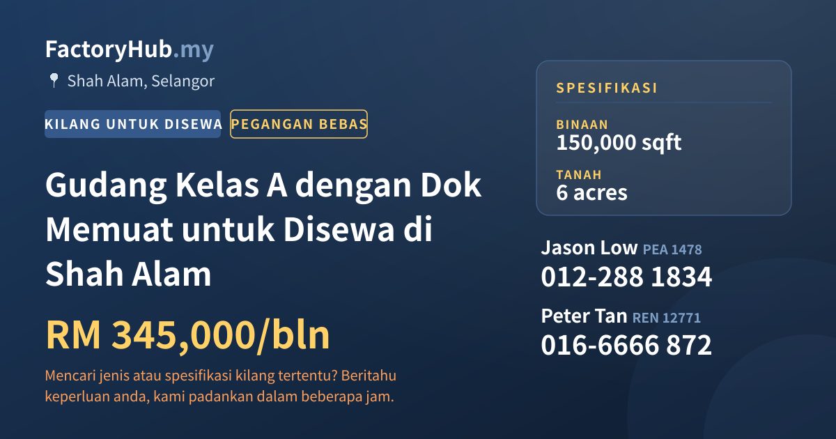 Kilang Untuk Disewa - Gudang Kelas A dengan Dok Memuat untuk Disewa di Shah Alam - Shah Alam, Selangor