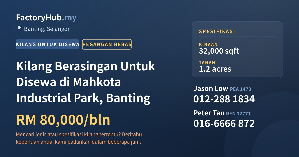 Kilang Untuk Disewa - Kilang Berasingan Untuk Disewa di Mahkota Industrial Park, Banting - Banting, Selangor
