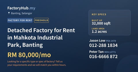 Factory For Rent - Detached Factory for Rent in Mahkota Industrial Park, Banting - Banting, Selangor