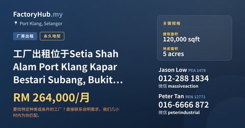工厂 出租 - 工厂出租位于Setia Shah Alam Port Klang Kapar Bestari Subang, Bukit Raja - Port Klang, Selangor