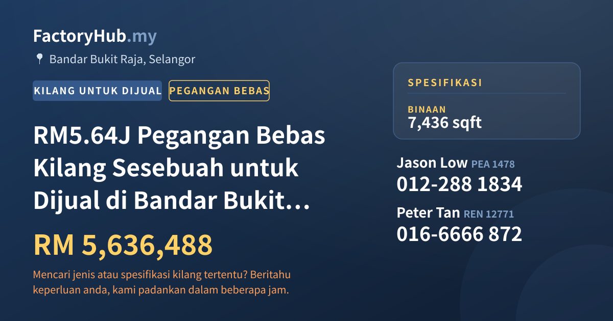 Kilang Untuk Dijual - RM5.64J Pegangan Bebas Kilang Sesebuah untuk Dijual di Bandar Bukit Raja – 7436kp - Bandar Bukit Raja, Selangor
