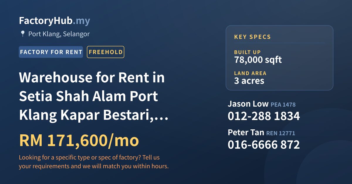 Factory For Rent - Warehouse for Rent in Setia Shah Alam Port Klang Kapar Bestari, Bukit Raja - Port Klang, Selangor