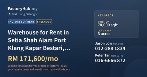 Factory For Rent - Warehouse for Rent in Setia Shah Alam Port Klang Kapar Bestari, Bukit Raja - Port Klang, Selangor