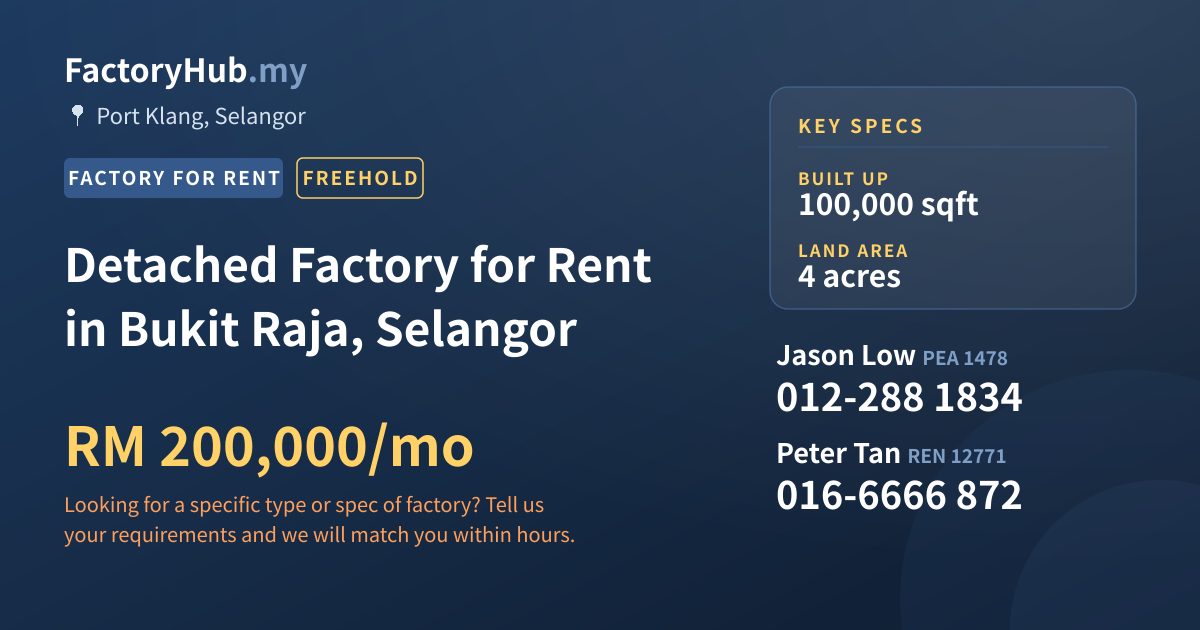 Factory For Rent - Detached Factory for Rent in Bukit Raja, Selangor - Port Klang, Selangor