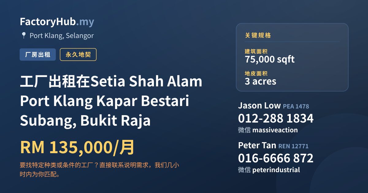 工厂 出租 - 工厂出租在Setia Shah Alam Port Klang Kapar Bestari Subang, Bukit Raja - Port Klang, Selangor