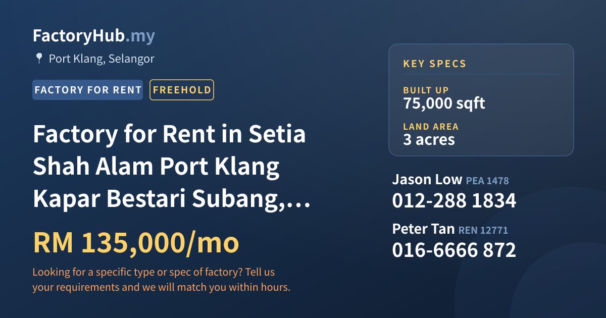 Factory For Rent - Factory for Rent in Setia Shah Alam Port Klang Kapar Bestari Subang, Bukit Raja - Port Klang, Selangor