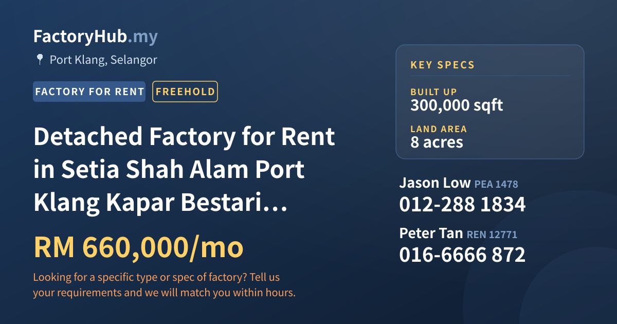 Factory For Rent - Detached Factory for Rent in Setia Shah Alam Port Klang Kapar Bestari Subang, Bukit Raja - Port Klang, Selangor