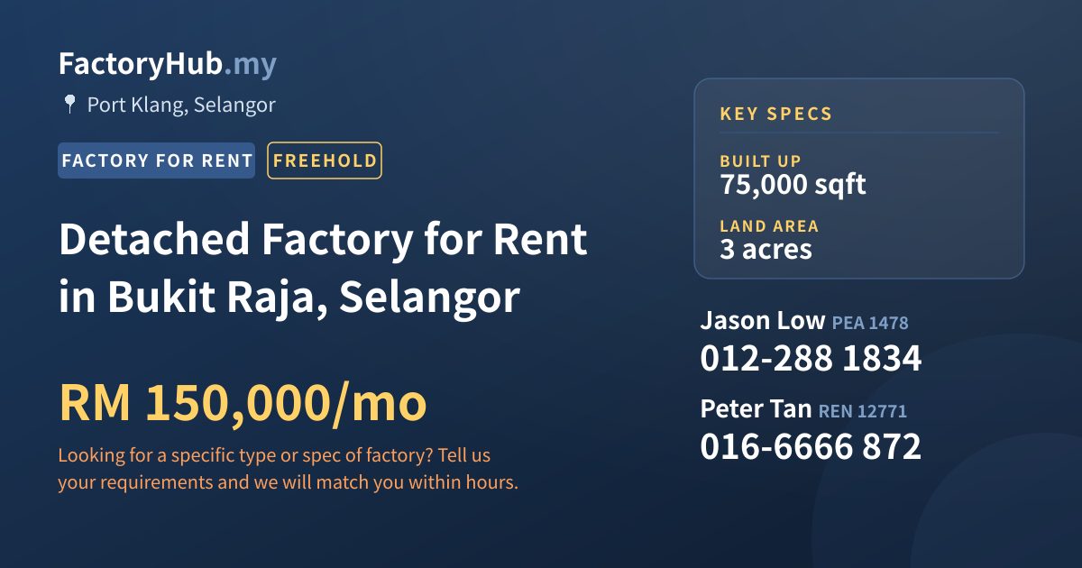 Factory For Rent - Detached Factory for Rent in Bukit Raja, Selangor - Port Klang, Selangor