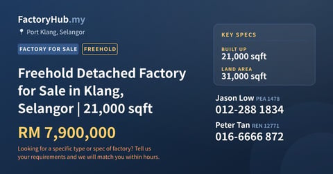 Factory For Sale - Freehold Detached Factory for Sale in Klang, Selangor | 21,000 sqft - Port Klang, Selangor