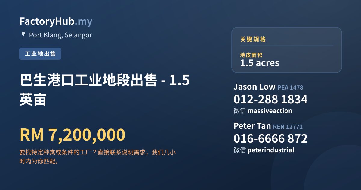 土地 出售 - 巴生港口工业地段出售 - 1.5 英亩 - Port Klang, Selangor
