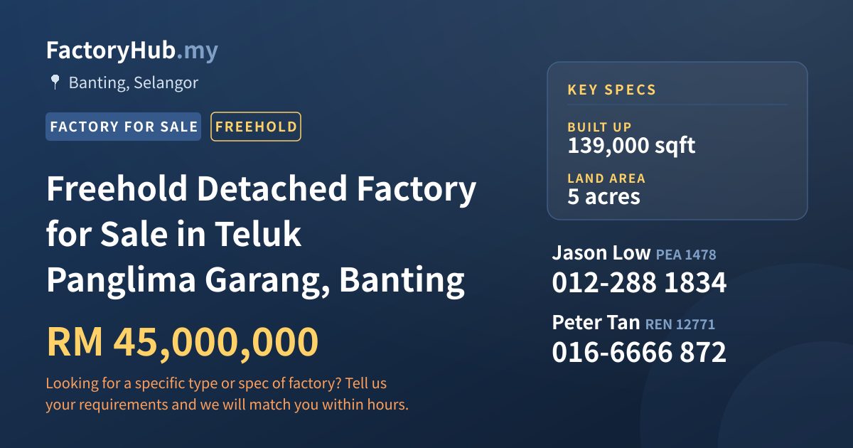 Factory For Sale - Freehold Detached Factory for Sale in Teluk Panglima Garang, Banting - Banting, Selangor